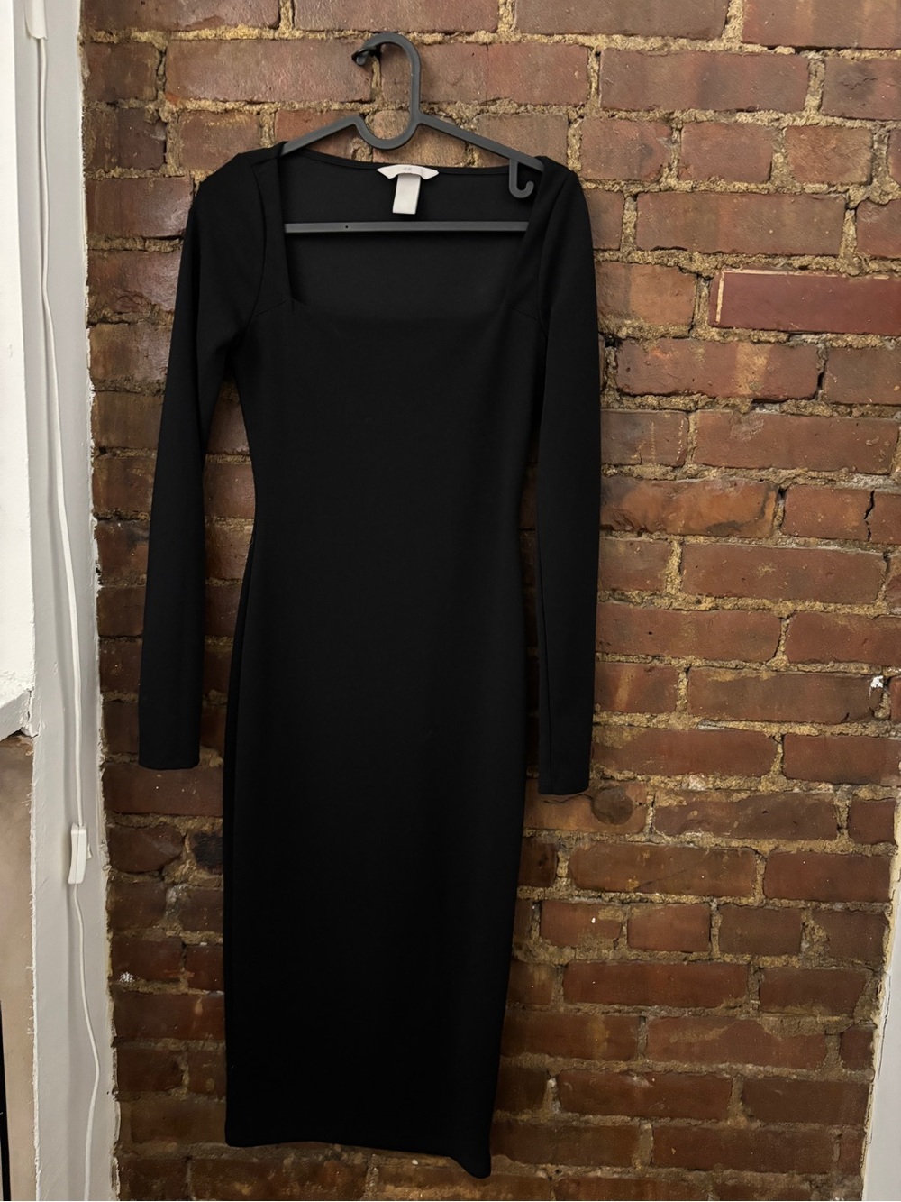 Black Long Sleeve Square Neck Midi Dress - Women